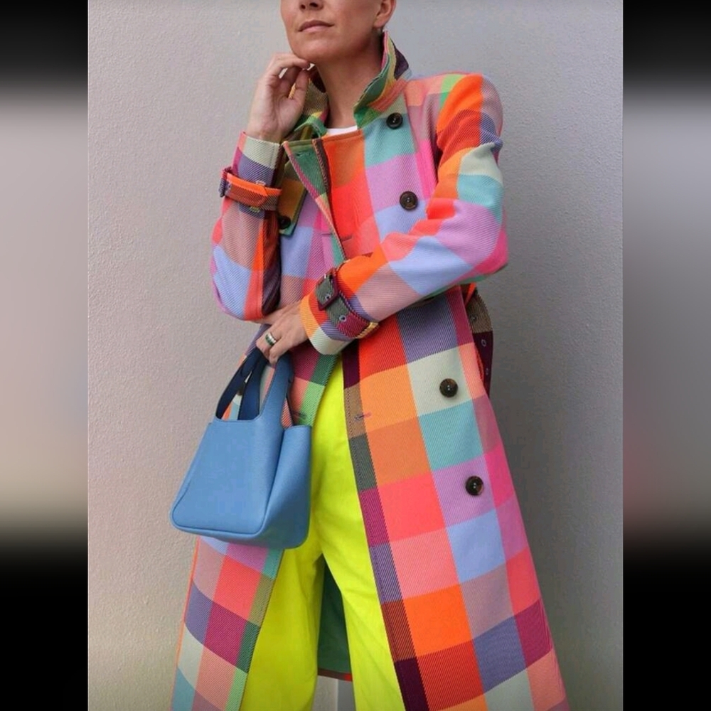 Plaid Double Breasted Trench Coat, Rainbow Colors, Women's Coat Fall-Winter - Picture 2 of 3